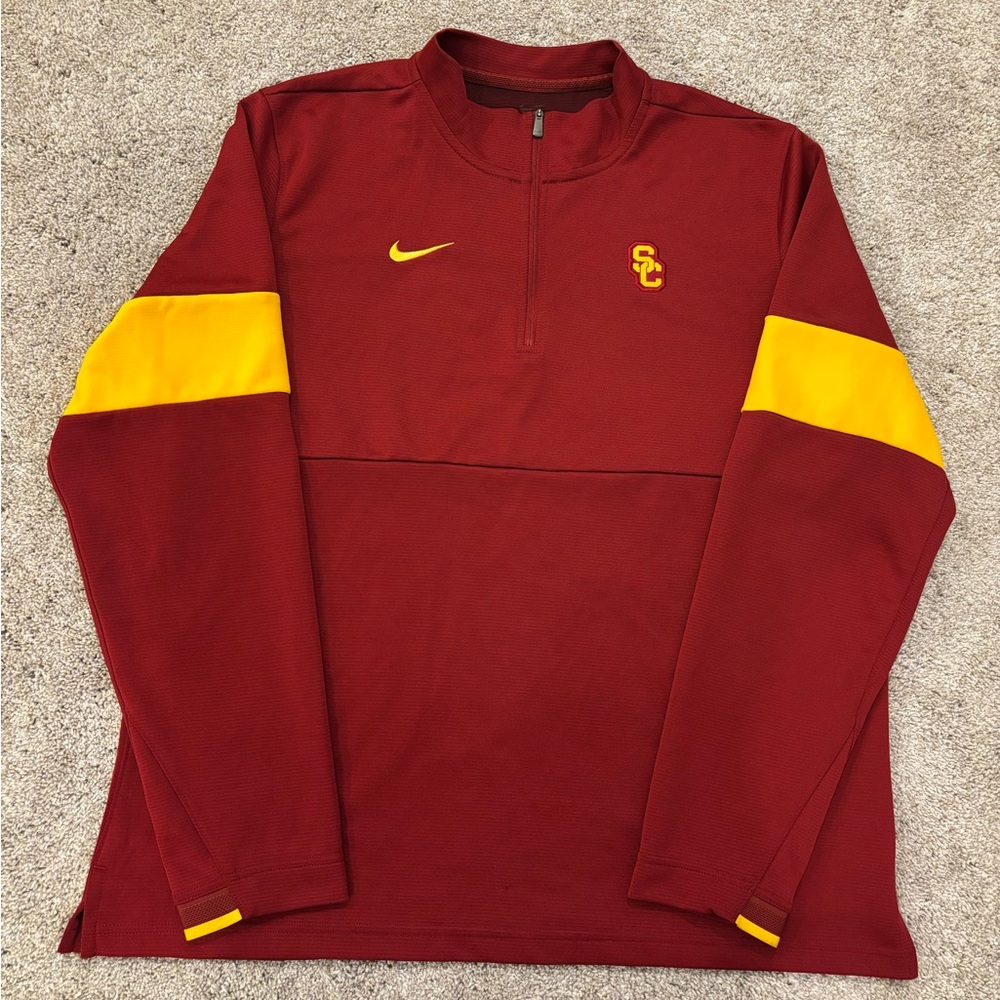 Nike Dri Fit On Field 1/4 Zip USC Trojans Pullover Mens L Sweatshirt Red Yellow